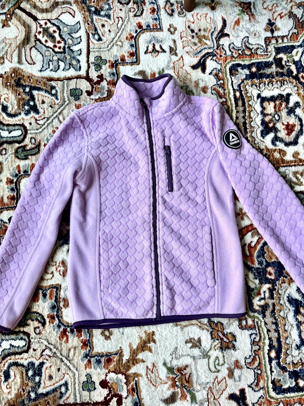 Reebok Purple Hearts Zip Up Jacket Soft Pockets Collared Size 10/12